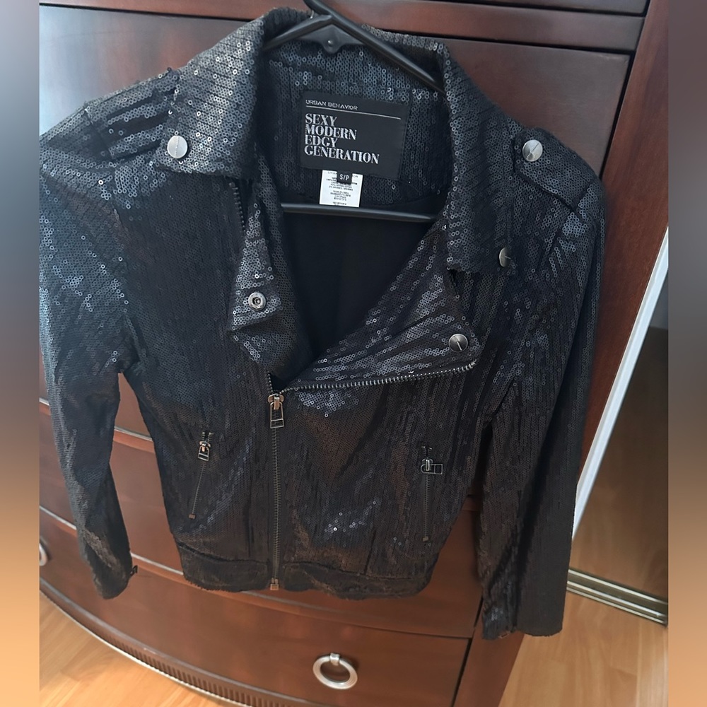 Sequin Moto Jacket from Bloomingdale’s. Girly/Edgy. Size small. Color is black.